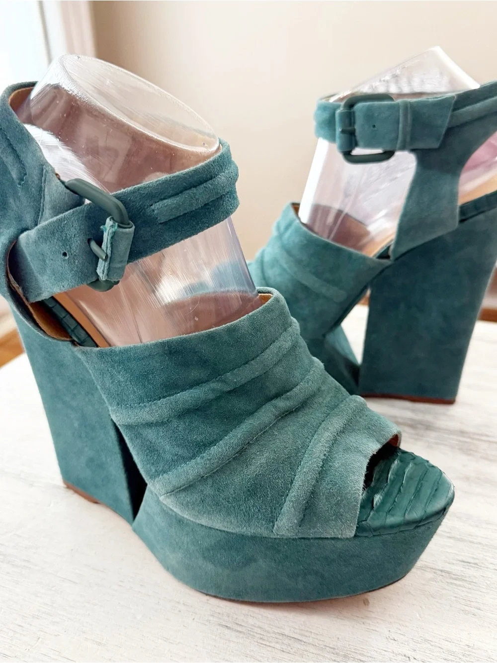 L.A.M.B. Teal Suede Platform Wedge Sandals with Ankle Buckle size 9.5M